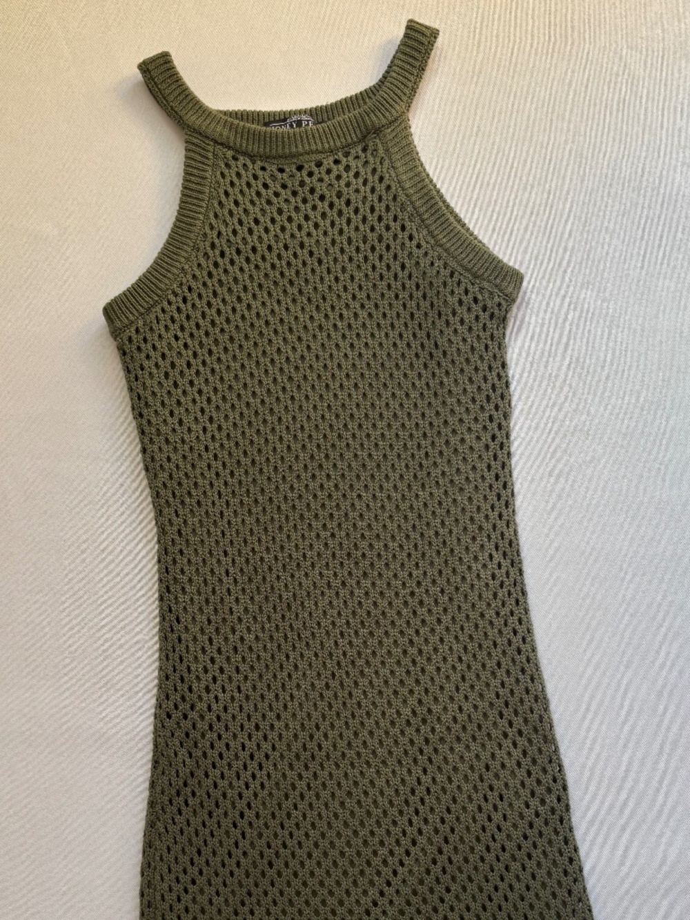 Boho Olive Green Crochet Knit Sleeveless Mini Dress Lined Festival Size S Honey